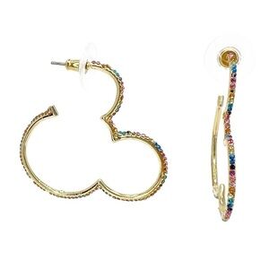 Disney x Baublebar Mickey Mouse Outline Hoop Earrings Rainbow Crystals Gold NWT